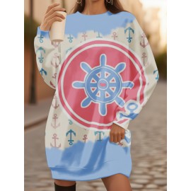 Plus-Size Women'S Oversized Nautical 3D All-Over Print Sweatshirt - Winter Warm Crewneck Pullover with Anchor & Ship Wheel Design, Soft Durable Fabric, Machine Washable Long Sleeve Sweater for Casual & Clothing (Vibrant Blue/Pink/Red) - Plus Size Fr