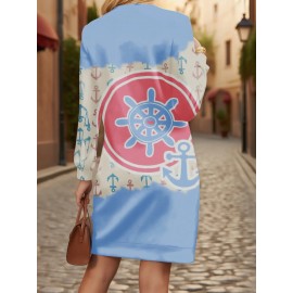 Plus-Size Women'S Oversized Nautical 3D All-Over Print Sweatshirt - Winter Warm Crewneck Pullover with Anchor & Ship Wheel Design, Soft Durable Fabric, Machine Washable Long Sleeve Sweater for Casual & Clothing (Vibrant Blue/Pink/Red) - Plus Size Fr