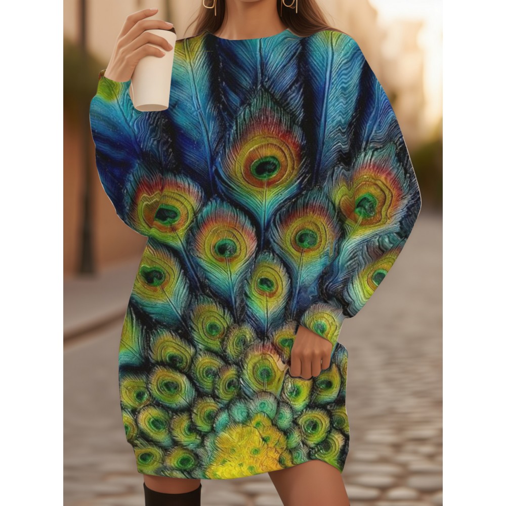 Plus Size Women's 3D Printed Peacock Sweater - Turquoise Turquoise Blue Green Turquoise Yellow Pink Multicolor Oversized H-Line Silhouette, Winter Warm Long Sleeve Crew Neck Casual Pullover, Machine Washable All-Season Blouse (No