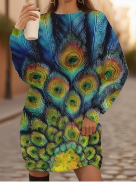 Plus Size Women's 3D Printed Peacock Sweater - Turquoise Turquoise Blue Green Turquoise Yellow Pink Multicolor Oversized H-Line Silhouette, Winter Warm Long Sleeve Crew Neck Casual Pullover, Machine Washable All-Season Blouse (No