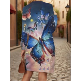 Plus Size Women's Winter 3D Butterfly Print Sweatshirt - Oversized Full-Body Blue & Pink Butterfly Pattern with Sparkling Wing Details, Machine Washable Casual Crewneck Pullover Sweater for Fall/Winter Warmth (Pink/Blue/Golden)