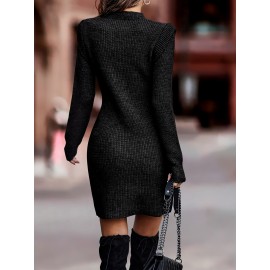 Women'S Oversized Round Neck Long Sleeve Pencil Dress - Hip-Hugging Stretchy Solid Color Casual to Semi-Formal Wear, Spring/Autumn Daily Commuting & Date Night Outfits, Comfortable & Versatile Work to Semi-Formal Attire, Easy-Care Dress