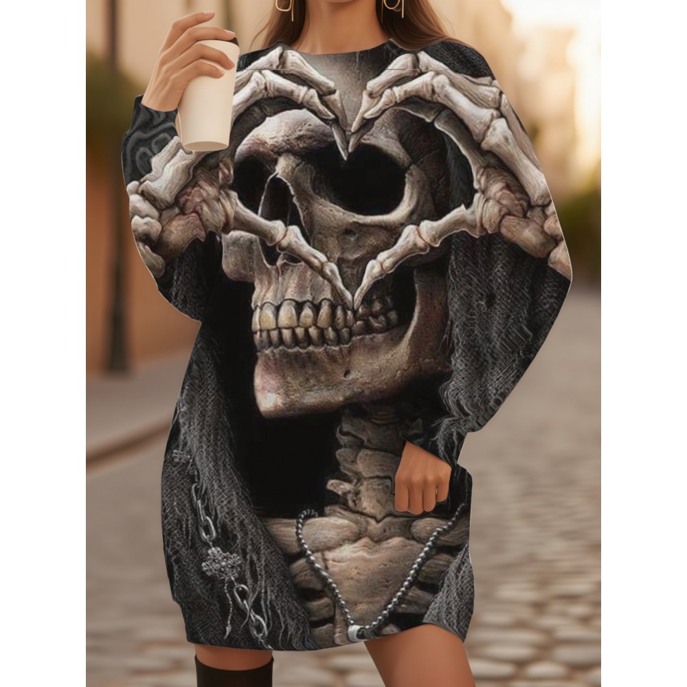 Women's Plus Size Gothic 3D Skull & Bat Wing Full-Body print Sweater Dress - Loose Fit Batwing Dress with 3D Skull Print, Machine Washable Long Sleeve Crewneck for Halloween Costumes, Themed Parties & Daily Wear (Polyester) - Gothic Attire for