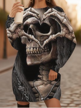 Women's Plus Size Gothic 3D Skull & Bat Wing Full-Body print Sweater Dress - Loose Fit Batwing Dress with 3D Skull Print, Machine Washable Long Sleeve Crewneck for Halloween Costumes, Themed Parties & Daily Wear (Polyester) - Gothic Attire for