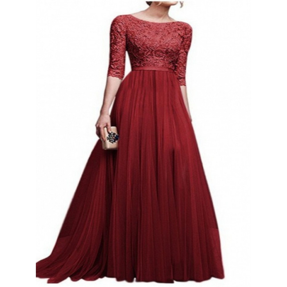 Plus size Women'S Dress | Pure Color Multi-Style Lace Hollow Waist Slim Round Collar Sexy Elegant Explosive Chiffon Evening Dress Long Skirt | Solid Color, Crew Neck, Long Sleeve, Bodycon Silhouette, All-Season
