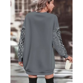 【imitation denim】[Denim Print/Imitation Denim] Women'S Plus Size Elegant Faux Denim Print Long Sleeve Dress - Light Purple with Floral Pattern, Round Neck, Medium Stretch, All-Over Print, Fall/Winter Casual to Semi-Formal Wear