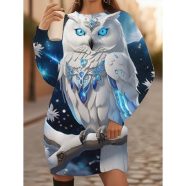Casual Long Sweatshirt for Plus Size Women Featuring a Vibrant Magical Owl Design, Perfect for Winter. This Regular Fit Pullover Has Long Sleeves, Is Machine Washable, And Is Easy to Maintain with Its 3D Printed Fabric., long sweatshirt dress, Cozy