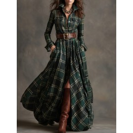 Large Size Women'S New Retro Plaid Casual Flip Tie Belt Dress | SCACTO Peplum Style with Medium Stretch Fabric, Lapel Collar, Ideal for Fall/Winter