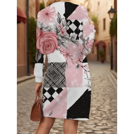 Women'S Plus Size Black & Pink Floral Print Sweater Dress - All-Season Machine Washable Long Sleeve Sweater with A-Line Silhouette, Soft Comfortable Pullover for Everyday & Formal Outfits, Casual to Semi-Formal Wear, Cozy Fall Winter Sweater Dress (