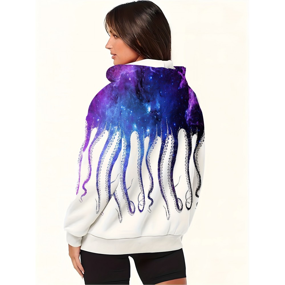 Women'S Plus Size Hooded Zip-Up Sweatshirt - Neon Blue & Purple Starry Sky Octopus Tentacle Print, Soft Medium Stretch Fabric, Drawstring Hood & Pockets, Machine Washable Casual Outerwear For Autumn/winter, Versatile Layering Piece