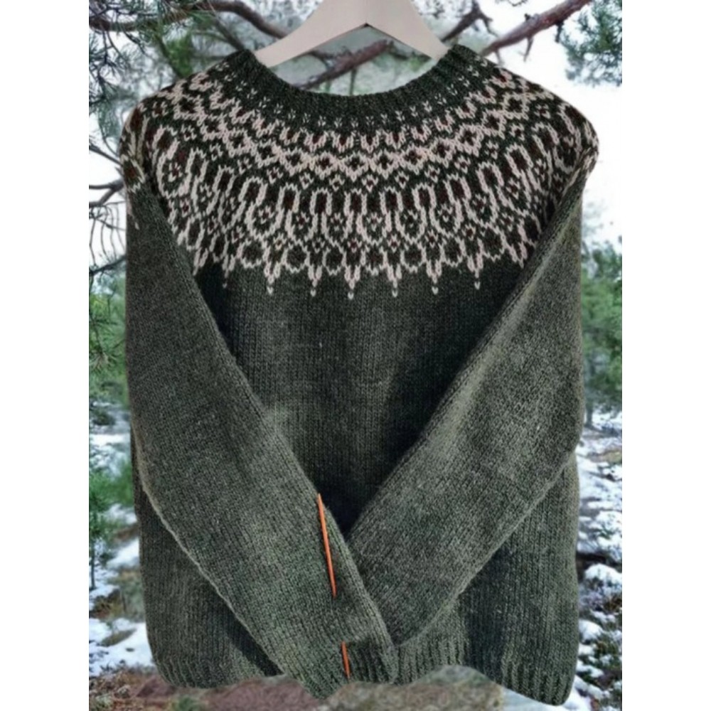 Plus Size Women's Autumn and Winter Crew Neck Color-Block Loose Fashion Jacquard Design Long Sleeve Warm Pullover Sweater