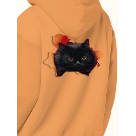 Women's Plus Size Oversized Hooded Zip-Up Jacket with 3D Black Cat Print - Soft Stretchy Full-Zip Coat, Brown with Black Cat Design, Cozy Hood & Front Zipper Closure, Machine Washable Casual Outerwear for Cat Lovers (Spring/Fall/Winter)