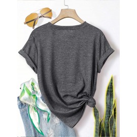 5pcs Plus Size Women'S Tops | Courage Heartbeat Just Breathe Pattern Print, Literary Style, Casual Versatile Round Neck, Comfortable Breathable, Oversized Loose Fit, 1XL-5XL Size