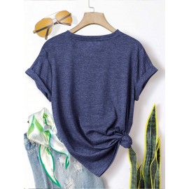 5pcs Plus Size Women'S Tops | Courage Heartbeat Just Breathe Pattern Print, Literary Style, Casual Versatile Round Neck, Comfortable Breathable, Oversized Loose Fit, 1XL-5XL Size