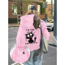 Women's 'I'm Fine, Everything's Fine' Letter and Cat Print Hooded Zipper Jacket- Long Sleeve Casual Sportswear with Pockets, Machine Washable, Bright Pink for Autumn and Winter