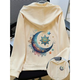 Women'S Light Pink Celestial Night Sky Hooded Jacket - Stretch All-Season Coat with Moon & Stars Back Print, Bohemian-Inspired Design, Machine Washable Casual Outerwear, Drawstring Hood & Long Sleeves for Everyday to Special Occasions (No Belt Requi
