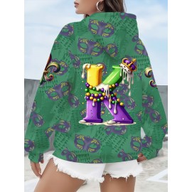 Plus Size Women'S Mardi Gras Mask and Crown Letter K Full Printed Hoodie | Cute Style with Pocket, Hooded, Pullover, Slight Stretch Fabric, Regular Sleeve and Length for Party and Casual Wear