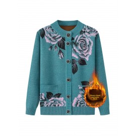 Middle-aged and Elderly Fleece Cardigan | Thick Jacket for Moms, Autumn and Winter Warm Elderly Clothing, Comfortable and Soft, Regular Length, Crew Neck, Button Details, Casual Style