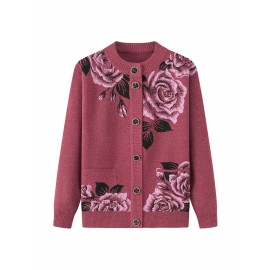 Middle-aged and Elderly Fleece Cardigan | Thick Jacket for Moms, Autumn and Winter Warm Elderly Clothing, Comfortable and Soft, Regular Length, Crew Neck, Button Details, Casual Style