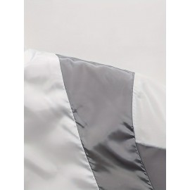 Men'S Color Block Hooded Trench Coat with Red/ Contrast Sleeves & Body - Casual Modern Jacket, Geometric Pattern, Regular Fit, Adjustable Hood & Zipper Closure, Versatile Outerwear for Teens & Young Adults, All-Season Durable Coat