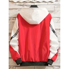 Men'S Color Block Hooded Trench Coat with Red/ Contrast Sleeves & Body - Casual Modern Jacket, Geometric Pattern, Regular Fit, Adjustable Hood & Zipper Closure, Versatile Outerwear for Teens & Young Adults, All-Season Durable Coat
