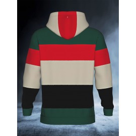 Men's Spooky Animal & Multicolor Striped Hoodie - Green/Red/Beige/Black/White All-Over Print Oversized Streetwear Sweatshirt with Front Pocket, Loose Fit Casual Wear & Hooded Pullover for Themed Events