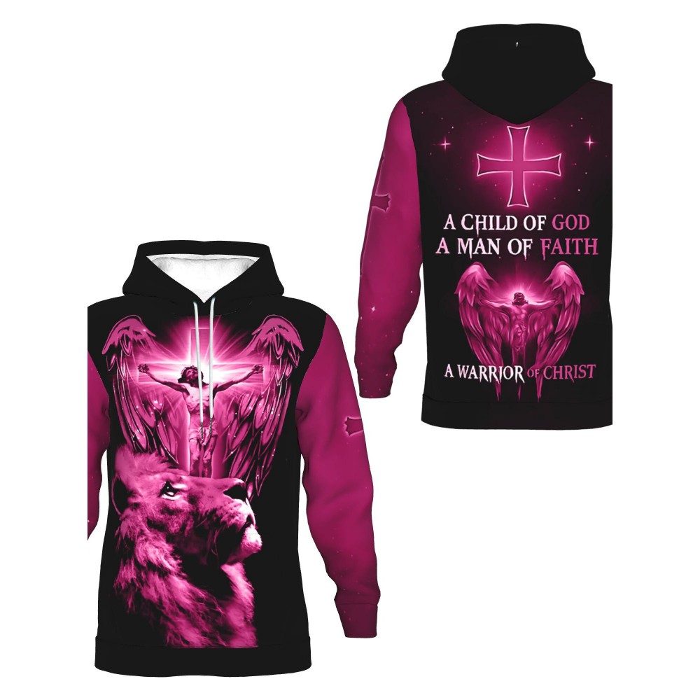 Men's Christian 3D Full-Body Print Hoodie - Pink Lion & Angel Wings with Cross Back Design, A Child of God Warrior of Christ, All-Day Comfort Round Neck Pullover, Machine Washable Winter Warmth for Church, Casual & Outdoor Faith Apparel