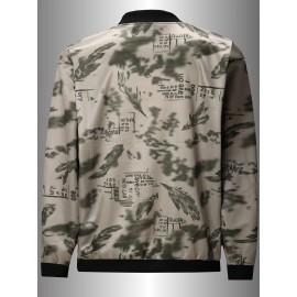 Men's Spring/Summer Baseball Collar Jacket, Lock Edge Lightweight Jacket, Knitted Polyester Braid Micro Elastic Feather Printed Jacket, Lightweight Fashion Casual Jacket, College Style Jacket