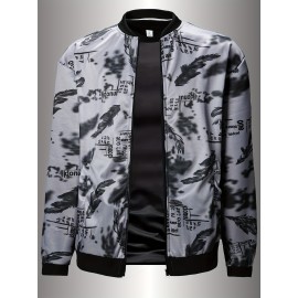 Men's Spring/Summer Baseball Collar Jacket, Lock Edge Lightweight Jacket, Knitted Polyester Braid Micro Elastic Feather Printed Jacket, Lightweight Fashion Casual Jacket, College Style Jacket