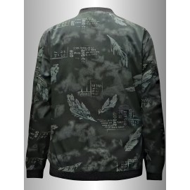 Men's Spring/Summer Baseball Collar Jacket, Lock Edge Lightweight Jacket, Knitted Polyester Braid Micro Elastic Feather Printed Jacket, Lightweight Fashion Casual Jacket, College Style Jacket