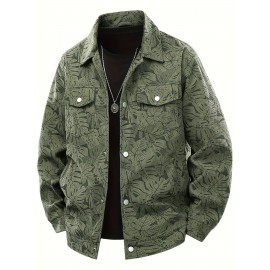 [Tropical Corduroy Jacket] Corduroy Men's Casual Jacket with Tropical Leaf Pattern | Multi-Pocket, Button-Up, All-Season Wear, Everyday Outerwear