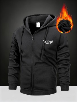 Men'S Fleece Hooded Jacket for Autumn And Winter, Featuring a Print Design of Wings And a Crown, Warm And Comfortable with Skin-Friendly Front Pockets And a Full Zipper. This Stylish And Versatile Hoodie Is Machine Washable And Available in Various