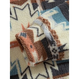 Men's -Lined Abstract Ethnic Print Stand Collar Sweatshirt Jacket - Soft Fabric, Relaxed Drop Shoulder Sleeves, Versatile Kangaroo Pocket Design, Warm Autumn/Winter Top | Street Style Trend | Comfortable Casual Autumn/Winter Fashion Versatile