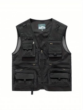 Men'S Quick-Dry Fishing Vest with Mesh Fabric & Zippered Pockets - All-Season Loose Fit Life Jacket, Machine-Washable Solid Color Outdoor Marine Clothing, Zippered Pocket Design for Easy Access, Ideal for Fishing, Boating