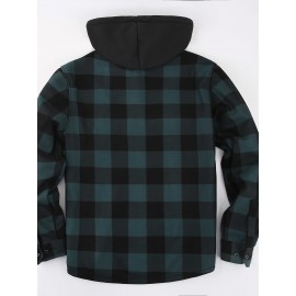 Trendy Men's Plaid Hooded Jacket - Thick Warm, Windproof & Cold-Resistant, Slim Fit, Vintage Style, Black & Red Geometric Pattern, Single-Breasted Button Front, Long Sleeve, Casual & Versatile for Winter Outings, Casual Winter Wear