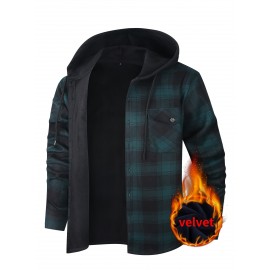 Trendy Men's Plaid Hooded Jacket - Thick Warm, Windproof & Cold-Resistant, Slim Fit, Vintage Style, Black & Red Geometric Pattern, Single-Breasted Button Front, Long Sleeve, Casual & Versatile for Winter Outings, Casual Winter Wear