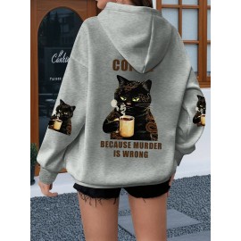 Plus Size Women'S Oversized Hoodie with Whimsical Cat & Coffee Print - Lightweight Pullover, with Golden Lettering & Cat Design, Kangaroo Pocket & Drawstring Hood, Machine Washable Casual Sweatshirt for Casual Attire, Cozy All-Season (Cat Lovers Gif