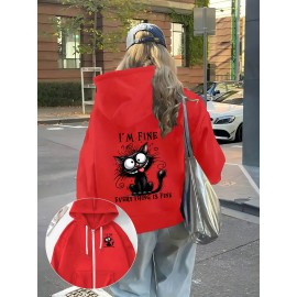 Women's 'I'm Fine, Everything's Fine' Letter and Cat Print Hooded Zipper Jacket- Long Sleeve Casual Sportswear with Pockets, Machine Washable, Bright Pink for Autumn and Winter