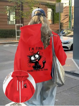 Women's 'I'm Fine, Everything's Fine' Letter and Cat Print Hooded Zipper Jacket- Long Sleeve Casual Sportswear with Pockets, Machine Washable, Bright Pink for Autumn and Winter