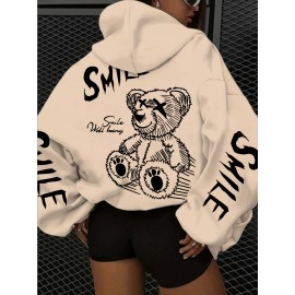 Women's Oversized Grey Bear Face & Joyful Face Full-Body Print Hooded Sweatshirt - Cute Bear Graphic Sweater, Relaxed H-Line Fit, Machine Washable Casual Streetwear for all-Season (Pullover Hoodie)