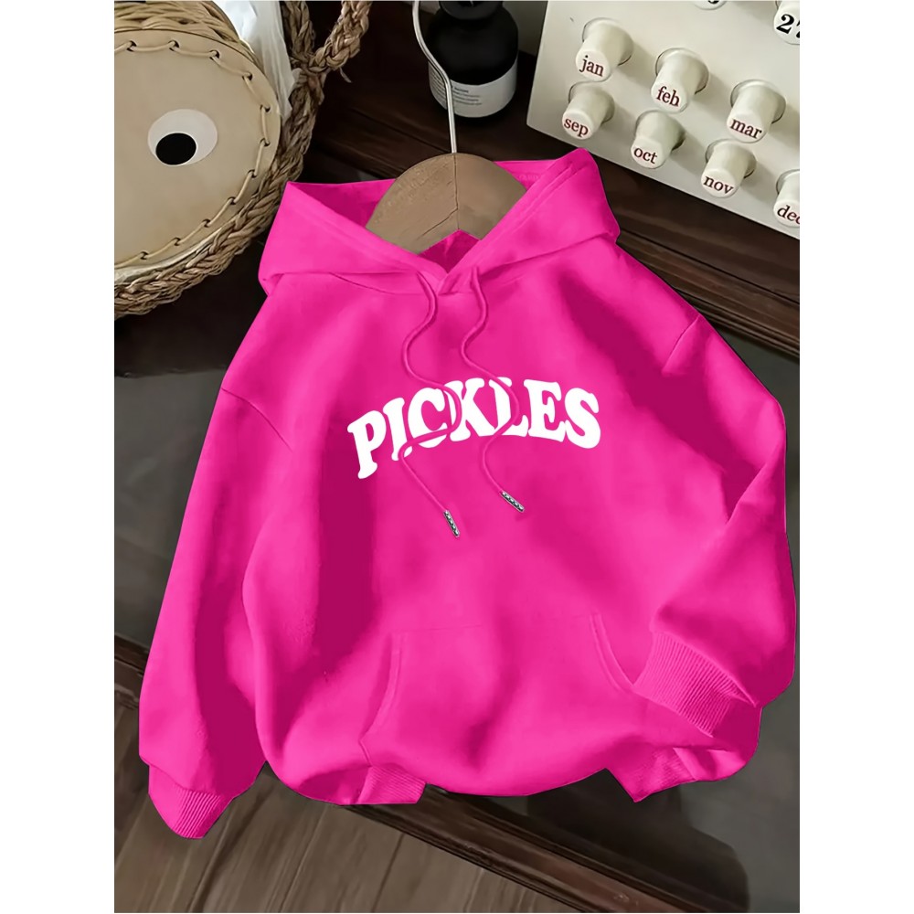 Women's Pink Oversized Hoodie with Pickle Print & Cucumber Dill Pickles Lettering - Cute Casual Sweatshirt, Kangaroo Pocket, Drawstring Hood, All-Season Loose Fit (Machine Washable) - Pickles-Themed Outfit
