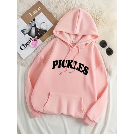 Women's Pink Oversized Hoodie with Pickle Print & Cucumber Dill Pickles Lettering - Cute Casual Sweatshirt, Kangaroo Pocket, Drawstring Hood, All-Season Loose Fit (Machine Washable) - Pickles-Themed Outfit