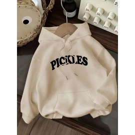 Women's Pink Oversized Hoodie with Pickle Print & Cucumber Dill Pickles Lettering - Cute Casual Sweatshirt, Kangaroo Pocket, Drawstring Hood, All-Season Loose Fit (Machine Washable) - Pickles-Themed Outfit
