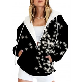 Plus Size Women'S Hooded Sweatshirt with Zipper | Solid Black with Fluorescent Maple Leaf Print, Soft Casual Long Sleeve Drawstring Jacket with Pockets - Women'S Fashion Sports Casual Wear
