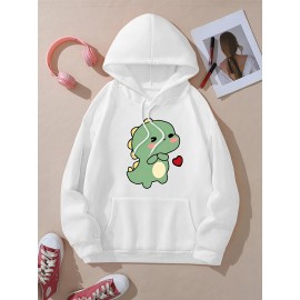 Women'S Cute Green Dinosaur & Heart Print Hoodie - Soft Long Sleeve Sweatshirt with Drawstring Hood, Cozy Casual Pullover for Autumn Winter, Cute Dinosaur Pocket Design, Regular Fit Casual Attire (Pastel Colors Available)