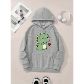 Women'S Cute Green Dinosaur & Heart Print Hoodie - Soft Long Sleeve Sweatshirt with Drawstring Hood, Cozy Casual Pullover for Autumn Winter, Cute Dinosaur Pocket Design, Regular Fit Casual Attire (Pastel Colors Available)