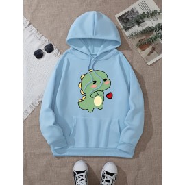 Women'S Cute Green Dinosaur & Heart Print Hoodie - Soft Long Sleeve Sweatshirt with Drawstring Hood, Cozy Casual Pullover for Autumn Winter, Cute Dinosaur Pocket Design, Regular Fit Casual Attire (Pastel Colors Available)