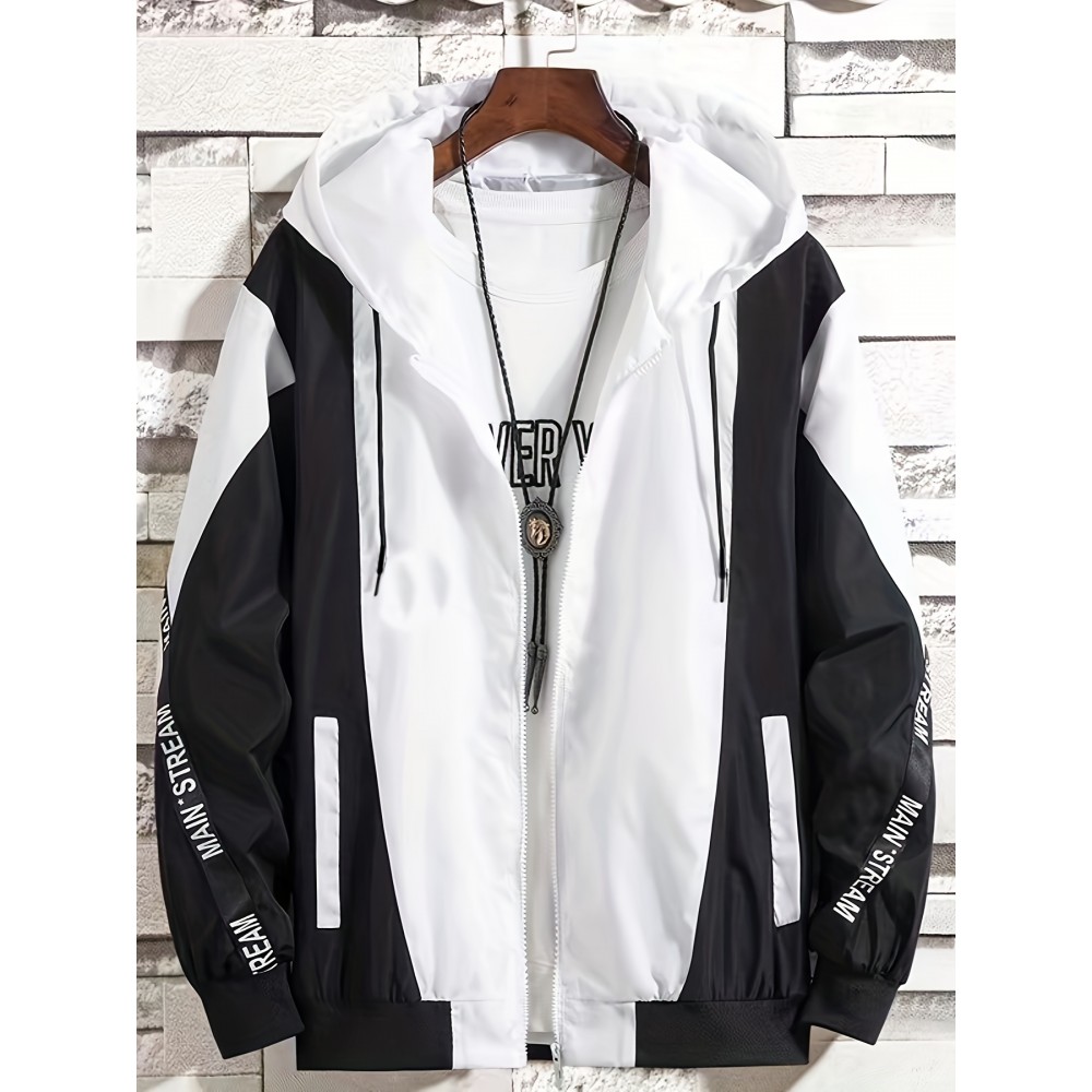 Men'S Color Block Hooded Trench Coat with Red/ Contrast Sleeves & Body - Casual Modern Jacket, Geometric Pattern, Regular Fit, Adjustable Hood & Zipper Closure, Versatile Outerwear for Teens & Young Adults, All-Season Durable Coat