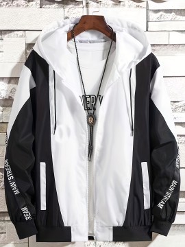 Men'S Color Block Hooded Trench Coat with Red/ Contrast Sleeves & Body - Casual Modern Jacket, Geometric Pattern, Regular Fit, Adjustable Hood & Zipper Closure, Versatile Outerwear for Teens & Young Adults, All-Season Durable Coat