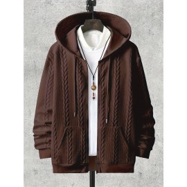 Men's Brown Hooded Jacket - Casual Zip-Up Winter Coat with Pockets, All-Season Polyester Outerwear, Golden-Tone Corduroy-Like Pocket Accent & Hooded Collar, Hand Wash/Dry Clean - Versatile for Smart-Casual & Formal Wear